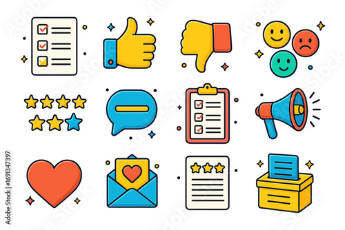 Colorful Feedback Icons. Colorful isometric vector icons set of customer feedback and satisfaction: survey form, thumbs up, thumbs