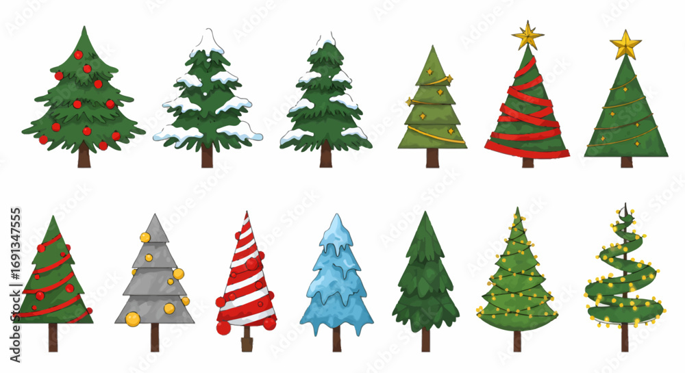 Obraz premium A collection of various illustrated Christmas trees with different decorations and styles, isolated on white.