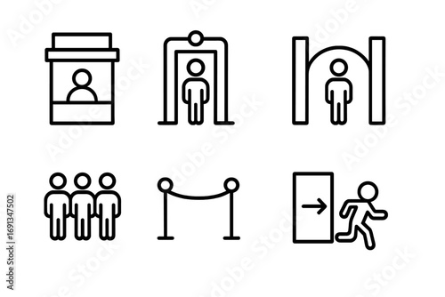 Crowd Logistics Icons. Outline icon set of crowd logistics: ticket booth, security check, entry gate, crowd flow arrows, waiting