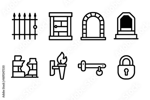 Crypt Entrance Icons. Outline icon set of crypt entrances: iron gate, stone door, archway, steps, broken wall, torch holder, latch