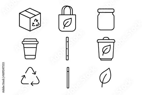 Eco-Friendly Icons Grid. Outline icon set of sustainable packaging and eco-friendly products: recyclable box,