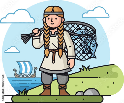Cartoon Viking Woman with Braids Carrying a Fishing Net.