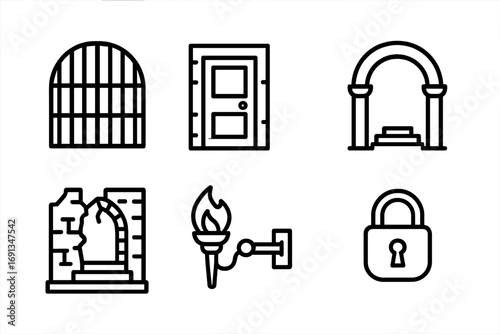 Crypt Entrance Icons. Outline icon set of crypt entrances: iron gate, stone door, archway, steps, broken wall, torch holder, latch