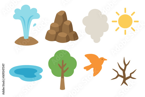 Colorful Geyser Eruption. Flat vector mini-illustrations Geyser eruption in colors children's illustrations: geyser spout, rock