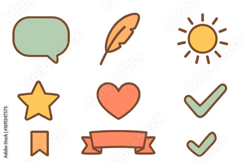 Colorful Icon Grid. Flat vector mini-illustrations Quote and affirmation grid in colors children’s illustrations: speech bubble,