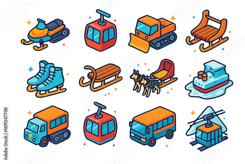 Colorful Icy Transport Icons. Colorful isometric vector icons set of icy transportation: snowmobile, ski lift cabin, snowplow, ice