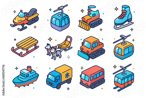 Colorful Icy Transport Icons. Colorful isometric vector icons set of icy transportation: snowmobile, ski lift cabin, snowplow, ice