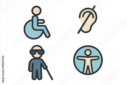 Accessibility icon set for inclusive design. Vector symbols for disability and special needs. Includes wheelchair user, blind person with cane, deaf sign, and universal access logo.