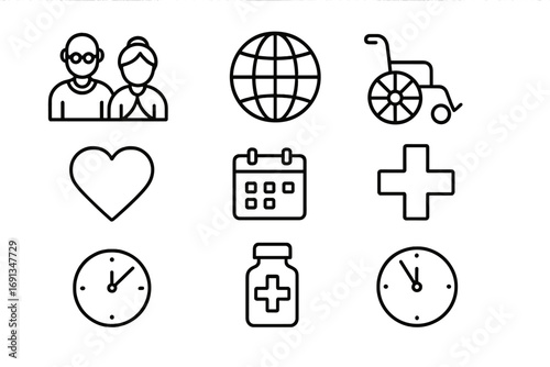 Global Aging Icons. Outline icon set of global aging population: elderly couple, globe, walking cane,