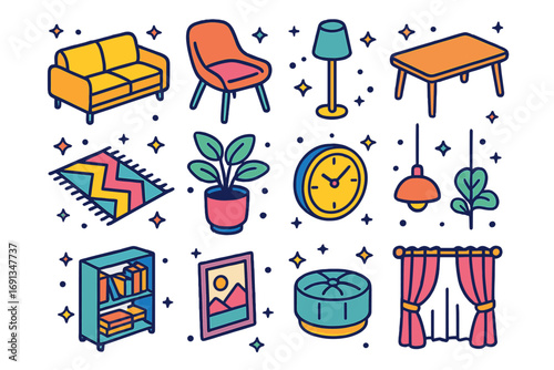 Colorful Isometric Interiors. Colorful isometric vector icons set of modern interior design: minimalist sofa, accent chair, floor