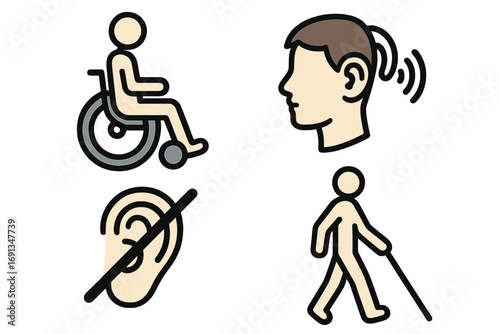 Accessibility icon set. Vector symbols for inclusive design. Disability icons for wheelchair user, blind person with cane, hearing loss and deaf sign. Universal access signs.
