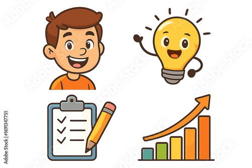Business success and growth concept vector illustration set. Cartoon boy with an idea lightbulb, a planning checklist with a pencil, and a rising bar chart for achievement.