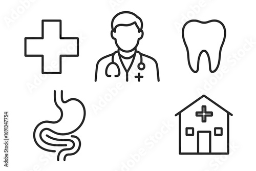 Medical and healthcare line icon set. Doctor, clinic, tooth, stomach, and cross symbols. Minimalist pictograms for web, app, UI, UX design. Editable stroke vector illustration.
