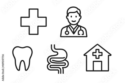 Medical and healthcare line icon set with doctor, hospital, dental, and gut symbols. Minimalistic pictograms for web, apps. Editable stroke for custom design. First aid.