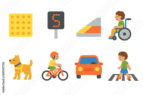 Colorful Intersection Icons. Flat vector mini-illustrations Accessible intersection features in colors children’s illustrations: