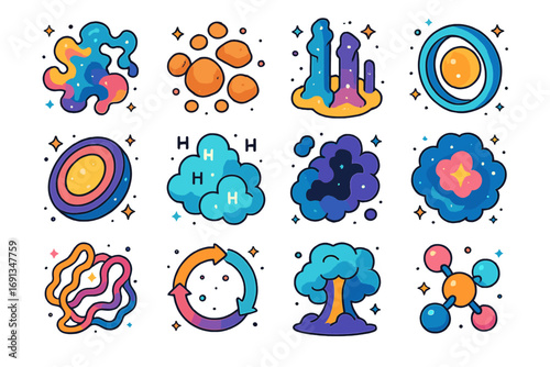 Colorful Interstellar Icons. Colorful isometric vector icons set of interstellar matter from dying stars: nebula clouds, dust