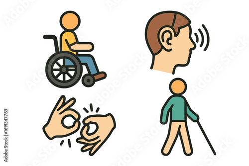Accessibility icon set for inclusive design. Vector symbols for disability and diversity. Wheelchair user, blind person with cane, hearing loss, and sign language concepts.
