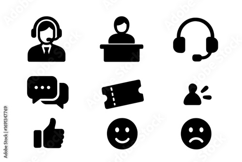 Customer Service Icons. Solid, filled icon set of customer service: support agent, help desk, headset, chat, ticket, feedback,