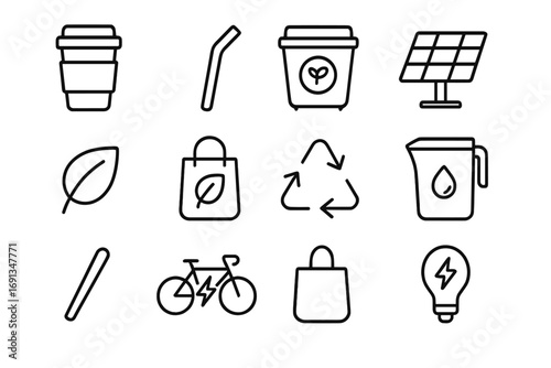 Eco Coffee Shop Icons. Outline icon set of eco-friendly coffee shop: reusable cup, bamboo straw, compost bin,