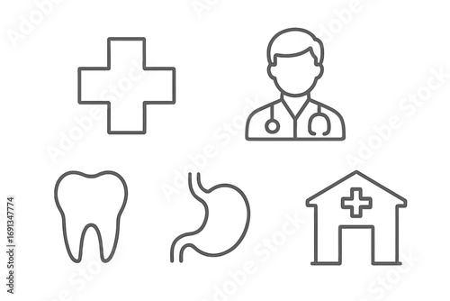 Medical line icon set. Healthcare pictograms. Doctor, clinic, hospital, dentist tooth, stomach organ symbols. Minimal linear vector graphics for web, app, banner design.
