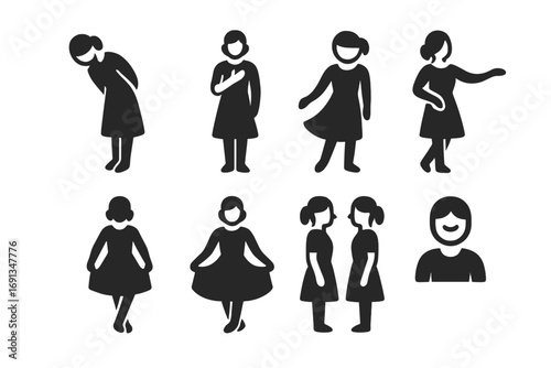 Curtsy Gesture Icons. Solid, filled icon set of curtsy related gestures: bow, hand over heart, head tilt, graceful arm sweep, foot