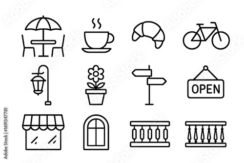 Urban Café Icons. Outline icon set of urban street café: outdoor table, umbrella, coffee cup, croissant,