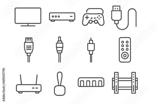 Home Entertainment Connectors. Outline icon set of home entertainment cables: TV, soundbar, game console, HDMI