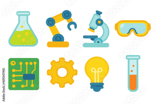 Colorful Lab Icons. Flat vector mini-illustrations Innovation lab experiment in colors children's illustrations: lab beaker, robot