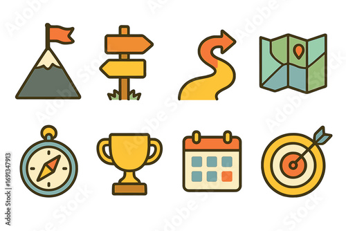Colorful Learning Icon Set. Flat vector mini-illustrations Pomodoro technique practice in colors children’s illustrations: tomato