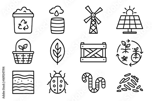 Sustainable Farming Icons. Outline icon set of sustainable farming: compost bin, rainwater barrel, windmill,