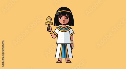 Cute cartoon illustration of an ancient Egyptian girl holding an Ankh symbol.