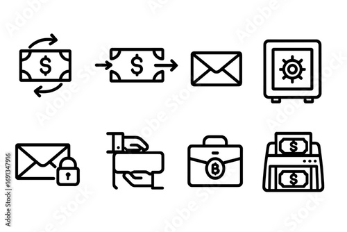 Dark Money Icons. Outline icon set of dark money transactions: money exchange, wire transfer, unmarked envelope, safe deposit box,