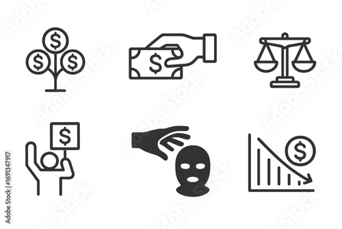 Dark Money Icon Set. Outline icon set of dark money impact: money tree, corruption, puppet strings, broken scales, protest, shadow