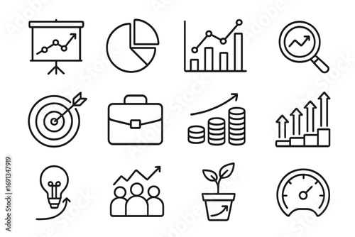 Business analytics line icon set. Data analysis, financial growth chart, marketing strategy graph. Editable stroke. Report, investment, profit, success, performance symbol.