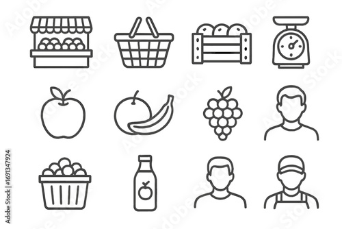 Fruit Market Icons. Outline icon set of fruit market: fruit stand, basket, crate, weighing scale, apple,