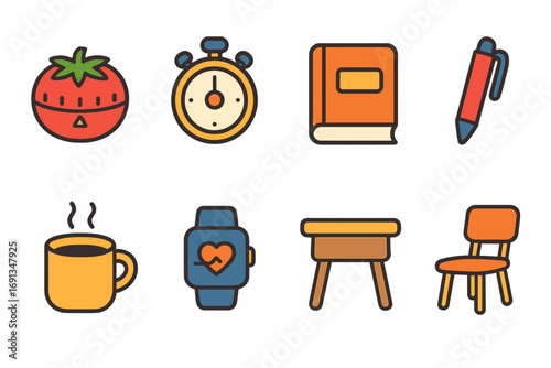 Colorful Learning Icon Set. Flat vector mini-illustrations Pomodoro technique practice in colors children’s illustrations: tomato