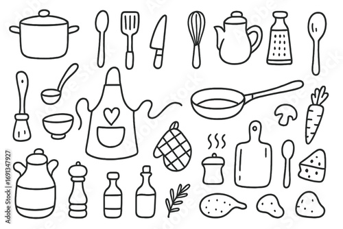 Kitchen utensils and cooking tools doodle set. Hand drawn vector line art icons for culinary blog, recipe book or menu design. Food preparation, baking and restaurant elements.