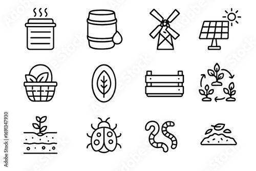 Sustainable Farming Icons. Outline icon set of sustainable farming: compost bin, rainwater barrel, windmill,