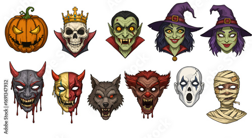 A collection of various cartoonish Halloween character portraits, each with unique expressions.