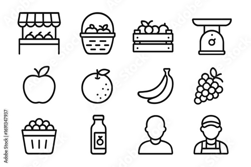 Fruit Market Icons. Outline icon set of fruit market: fruit stand, basket, crate, weighing scale, apple,