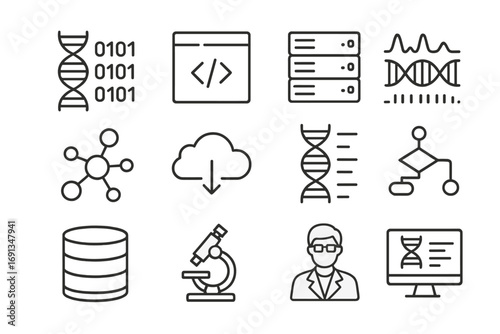 Bioinformatics Icon Set. Outline icon set of bioinformatics: DNA data string, code lines, server rack, gene