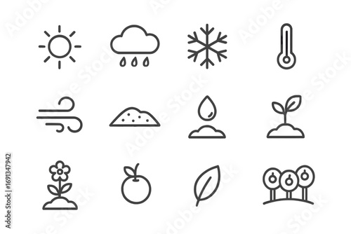 Climate and Growth Icons. Outline icon set of climate and fruit growth: sun, rain cloud, snowflake,