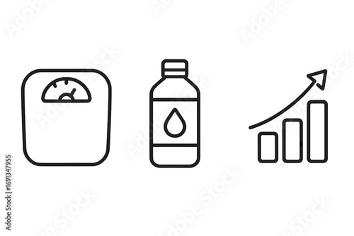 Weight loss and fitness progress line icon set. Vector illustration of a bathroom scale for body mass, a water bottle for hydration, and a growth bar chart for results and success.