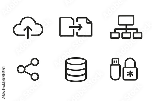 Data Sharing Icons. Outline icon set of data sharing: cloud upload, file transfer, server, network, share symbol, database, USB