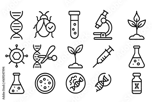 Genetic Engineering Icons. Outline icon set of genetic engineering: DNA helix, modified organism, test tube,