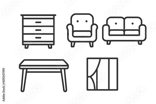 Furniture line icon set. Home interior design concept. Editable stroke vector graphics for web, app. Couch, sofa, table, dresser, window, armchair linear pictogram.