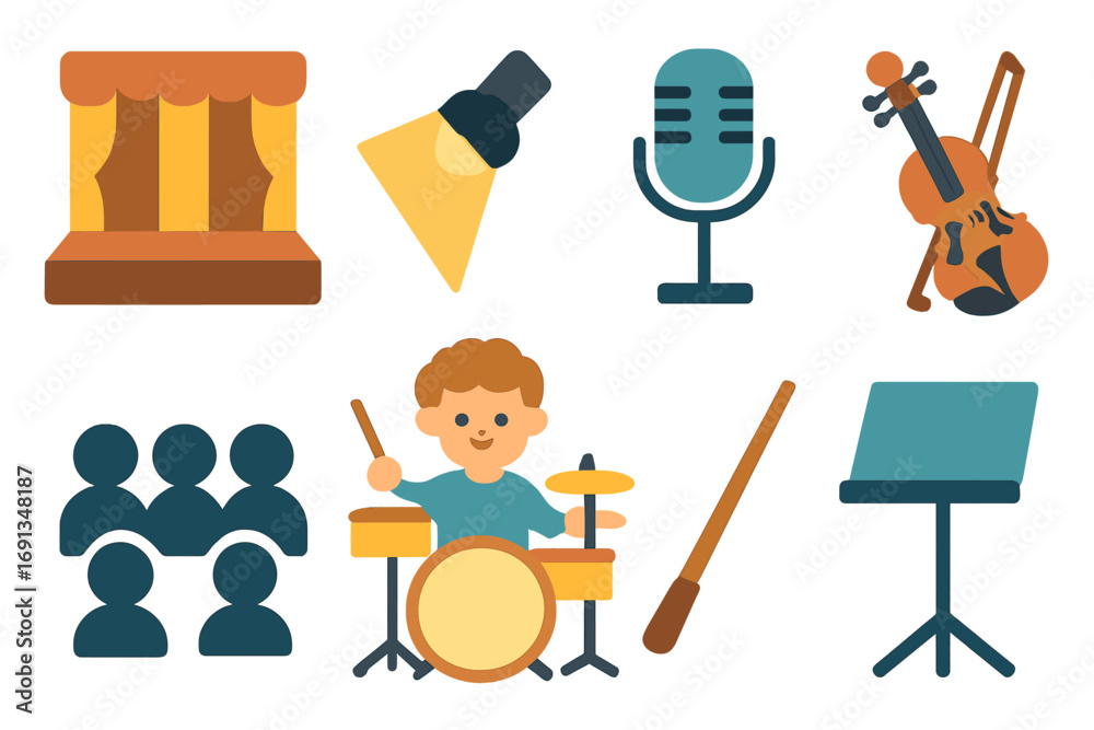 Colorful Performance Icons. Flat vector mini-illustrations Live performance ensemble in colors children's illustrations: stage,