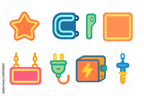 Colorful Neon Icons. Flat vector mini-illustrations Neon sign brand logos in colors children's illustrations: custom logo, neon