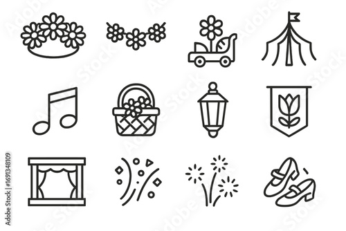 Spring Festival Icons. Outline icon set of springtime festivals: daisy crown, flower garland, parade float,