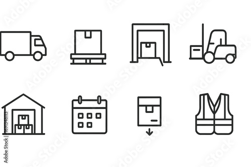Outline Delivery Icons. Outline icon set of bulk pickup: cargo truck, pallet box, loading dock, forklift, warehouse, schedule